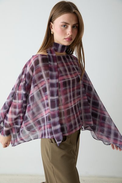 Trendyol Collection Burgundy Plaid Patterned Shawl Blouse Twoaw27Bz00333