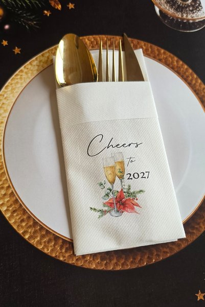 PEKSHOP Kumaş Dokulu Cheers to 2026 Yazılı Yılbaşı Masası Sunum Peçetesi