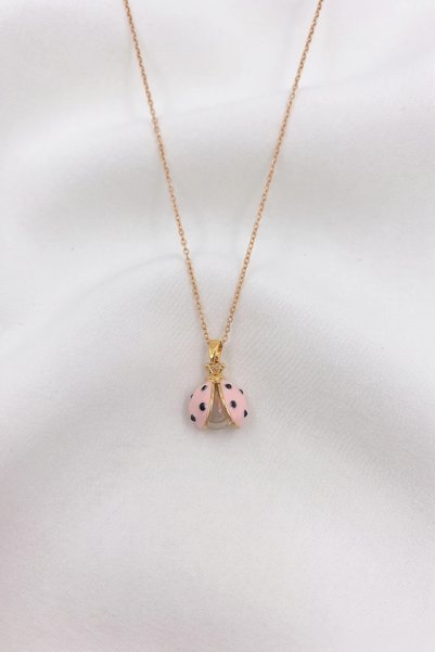 özgül takı ve tasarım Ladybug Model Pink Colored Pearl Detailed Stainless Ste...
