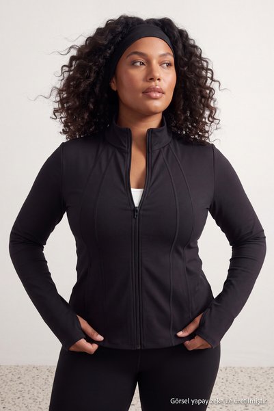 Trendyol Curve Schwarzes LYCRA ®   ADAPTIV ™   Sportjacke in Übergröße mit Na...