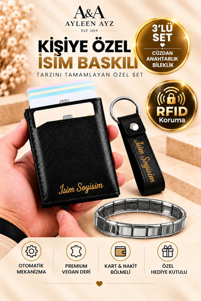 Ayleen Ayz Erkek Hediye Seti – Mekanizmalı Deri Cüzdan Kartlık Kağıt Para Böl...