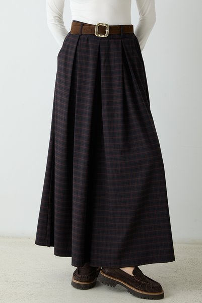 Trendyol Collection Navy Blue Plaid Belted Wide-Leg Skirt-Looking Trousers Tw...