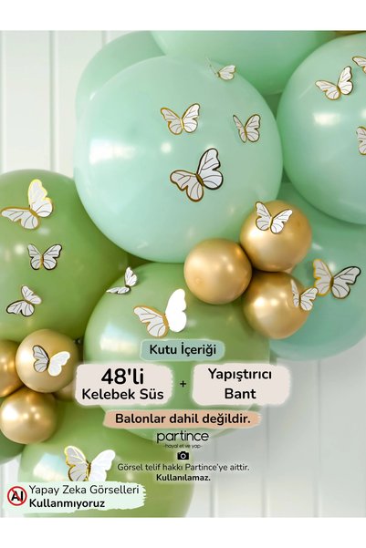 partince 48’li Beyaz Kelebek Süs Balon Zinciri Süsleyici Kelebek Bride Parti ...