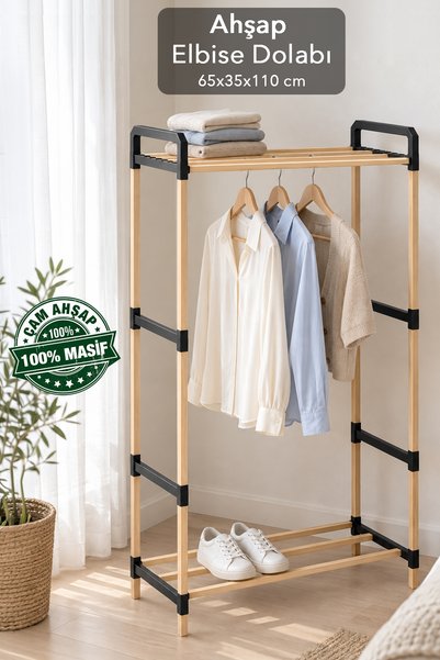 Meleni Home Ahşap Elbise Dolabı - Çok Amaçlı Gardırop Kolay Kurulum Ahşap Elb...