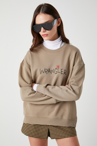 WRANGLER %100 Pamuk Relaxed Fit Geniş Bisiklet Yaka Bej Big Logo Sweatshirt