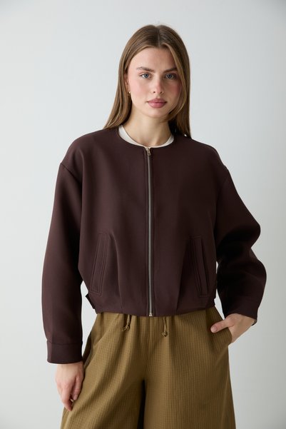 Trendyol Collection Brown Plaid Lined Bomber Jacket with Zipper TWOAW27CE00115