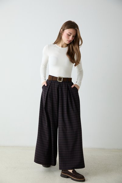 Trendyol Collection Navy Blue Plaid Belted Wide-Leg Skirt-Looking Trousers Tw...