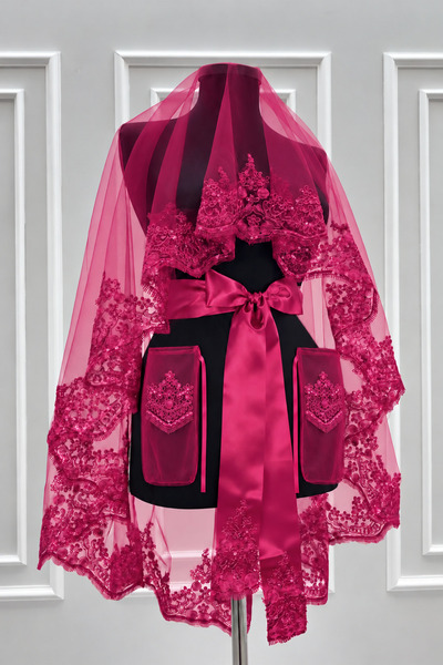 ZEYMERADE Fuchsia Sparkling Laced Bridal Veil Set Wedding Henna Night Face Co...