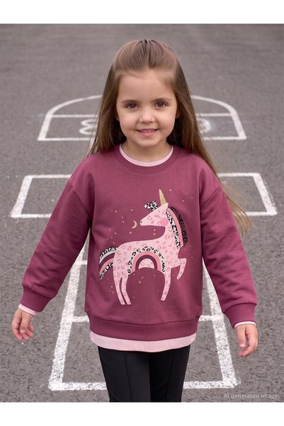 Civil Girls Суичър с щампа на еднорог за 2-5 години - Лилав