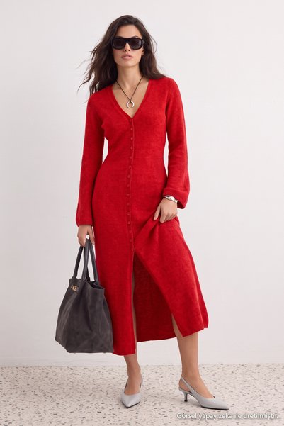 Trendyol Collection كارديجان/فستان أحمر ناعم الملمس برقبة على شكل حرف V، كارد...