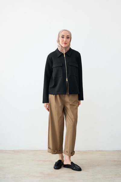 LOCCO Women's Double-Layer Shirt Collar Jacket with Gold Zipper, Black