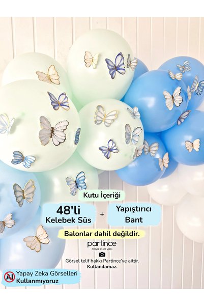 partince 48’li Mavi Tema Kelebek Süs Parti Süsü Mavi Kelebek Doğum Günü Süsü