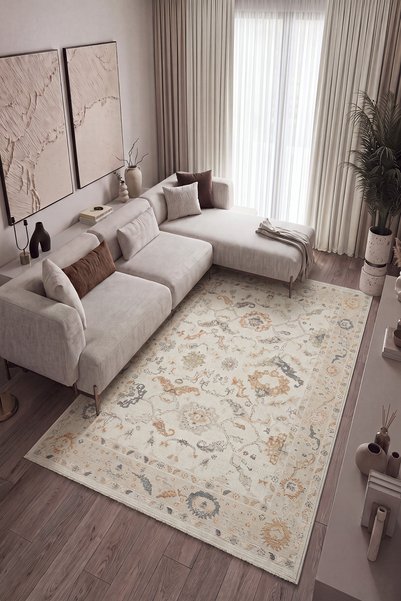 Cool Halı Patara Krem Bej Renkli Bukleli Otantik Vintage Klasik Desen İnce Yumuşak Salon Oturma Odası Halısı