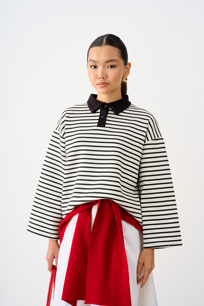 LOCCO Women's Shirt Collar Half-Buttoned Striped Sweatshirt, Black