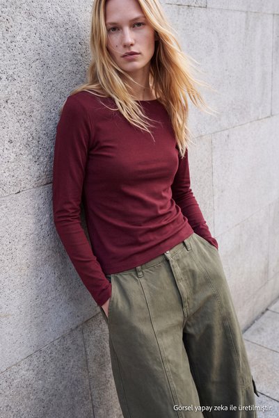 Trendyol Collection Burgundy Cotton Boat Neck Fitted/Fitted Stretchy Blouse T...