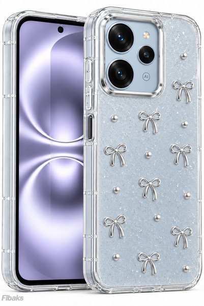 Fibaks Redmi 12 Case with Bow Pattern Transparent Glitter Silver Shiny Cover ...