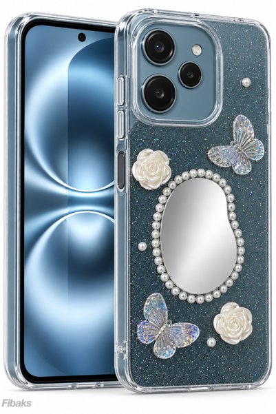 Fibaks Redmi 12 Case 3D Butterfly Rose Pattern Mirrored Glitter Transparent D...
