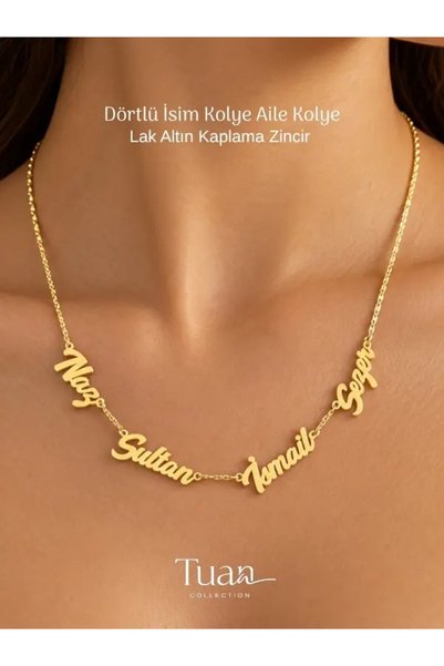 Tuana Trend Kişiye Özel 4'lü İsim Kolye Özel Tasarım Yüksek Kalite Çelik Gold...
