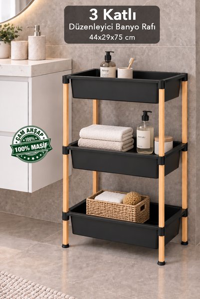 Meleni Home Dekoratif Ahşap Banyo Organizer - 3 Katlı Çok Amaçlı Havlu Deterj...