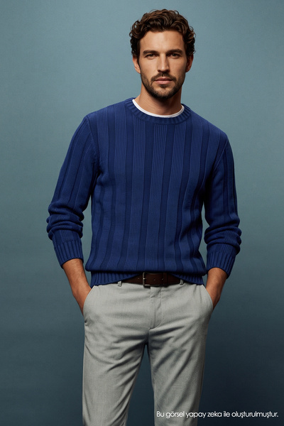 Tudors Men's Standard Fit Regular Cut Crew Neck Patterned Cobalt Blue Sweater