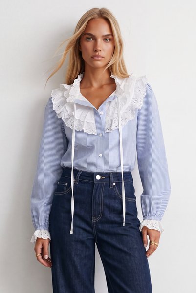 Trend Alaçatı Stili Blue Striped Woven Shirt with Laced Collar and Cuffs Alc-...