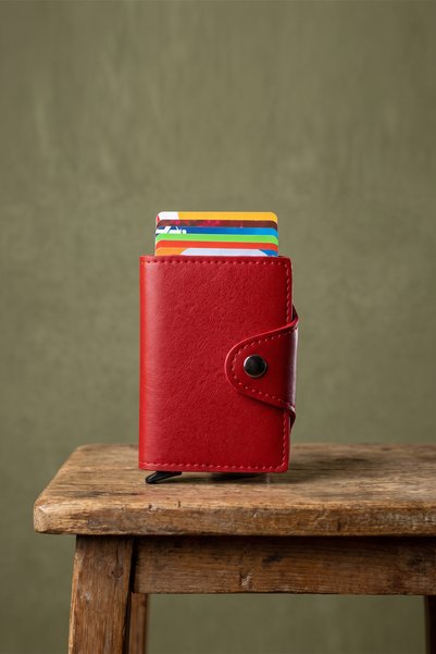 Modica Konk - Vegan Leather Rfid Protected Automatic Mechanism Red Smart Card...