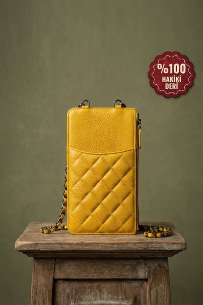 Modica Kratya - Genuine Leather Zippered Women's Yellow Shoulder Bag with Pho...