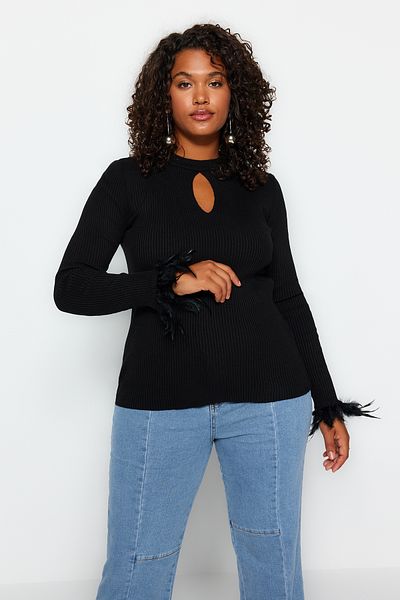 Trendyol Curve Black Otriş Detailed Ribbed Sweater TBBAW24AN00014