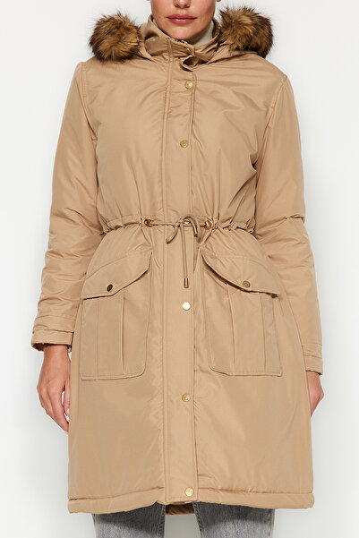 Trendyol Collection Beige Fur Hooded Water Repellent Long Parka Coat TWOAW24KB00111