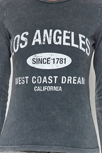 Trendyol Collection Antracitově potištěný výstřih s výstřihem vybledlý efekt Pletené triko Slim Fit TWOAW24TS00010