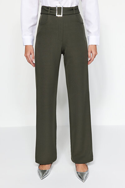 Trendyol Collection Dark Khaki Belted Straight Cut Woven Trousers TWOSS21PL0104