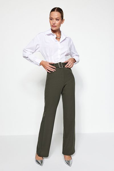 Trendyol Collection Dark Khaki Belted Straight Cut Woven Trousers TWOSS21PL0104