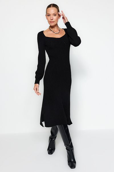 Trendyol Collection Πλεκτό φόρεμα Heart Collar Black Midi - TWOAW24EL00212