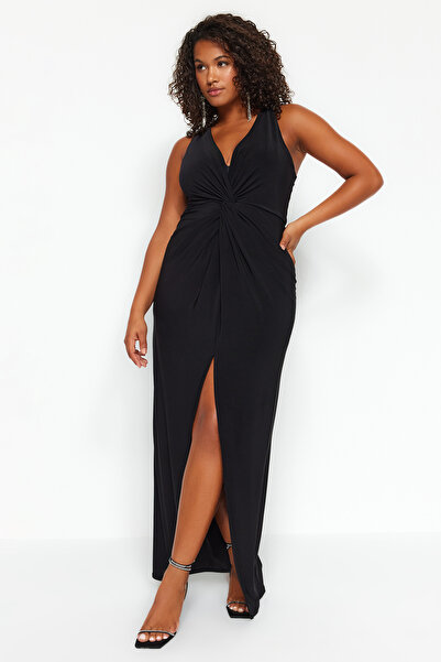 Trendyol Curve Μίντι πλεκτό φόρεμα μαύρο σκίσιμο TBBAW24AH00095