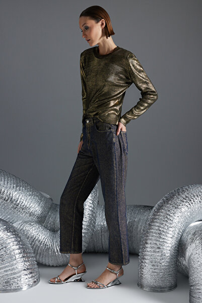 Trendyol Collection Χρυσό γυαλιστερό μεταλλικό εμπριμέ ψηλόμεσο μακρύ ίσιο τζιν TWOAW24JE00116