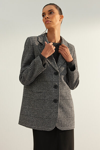 Trendyol Collection Γκρι Premium Μάλλινο Σακάκι με κανονική επένδυση, υφαντό καρό σακάκι TWOAW24BC00048