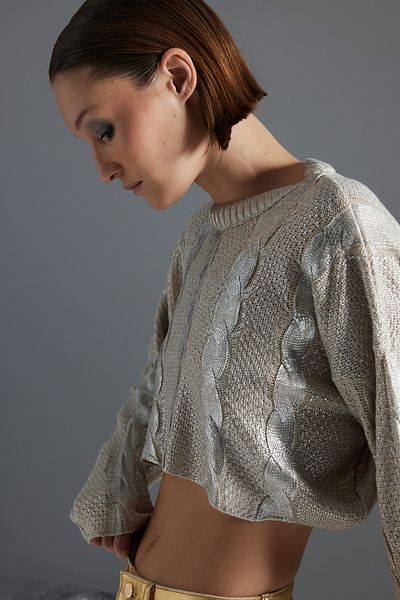 Trendyol Collection Stone Super Crop Hair Braided Foil Printed Knitwear Sweater TWOAW24KZ01074