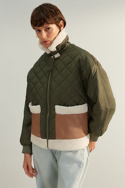 Trendyol Collection Χακί Καπιτονέ Λούτρινο Λεπτομερές Παλτό TWOAW24MO00310