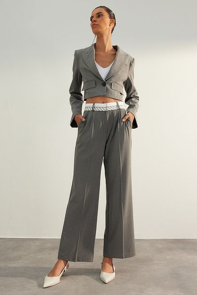 Trendyol Collection Gray Premium Wide Leg Woven Trousers with Belt Detail TWOAW24PL00092
