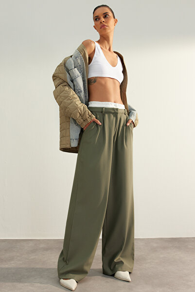 Trendyol Collection Limitovaná edice Mint Wide Leg/Wide Leg Waist Boxer Detailed Woven Fabric Pants Twoaw24Pl00273