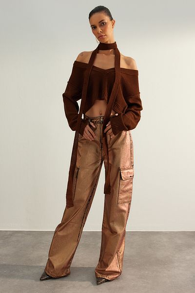 Trendyol Collection Limited Edition Brown Collar Detailed Knitwear Sweater Knitwear Sweater TWOAW24KZ01253