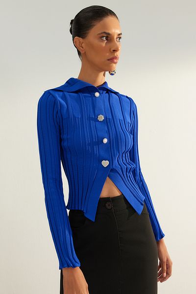 Trendyol Collection Limited Edition Saks Turn-Down Collar Button Detailed Knitwear Cardigan