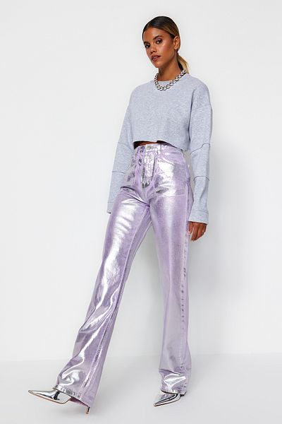 Trendyol Collection Lilac Shiny Metallic Printed High Waist Wide Leg Jeans TWOAW24JE00222