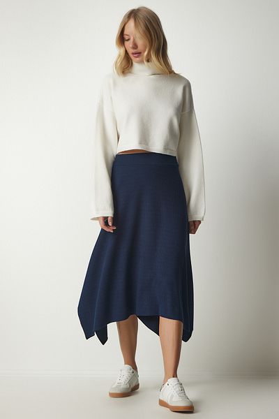 Happiness İstanbul Women's Navy Blue Asymmetric Cut Ribbed Knitted Skirt MC00227
