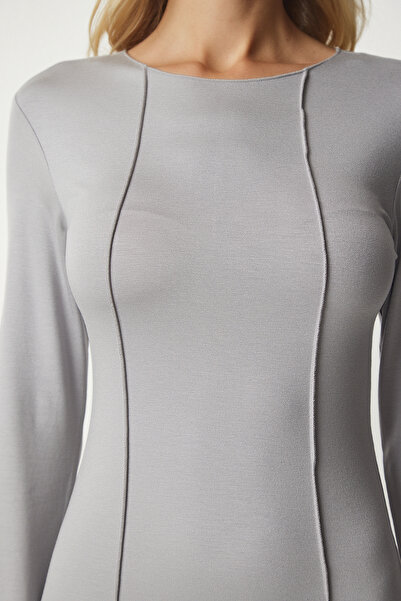 Happiness İstanbul Szürke, hasított varrott hosszú viszkóz női ruha UB00181