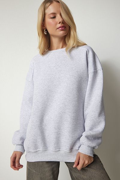 Happiness İstanbul Grau meliertes Oversize-Sweatshirt mit Reliefmuster für Damen MC00232