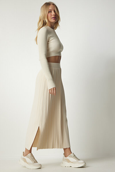 Happiness İstanbul Γυναικείο Σετ Κρεμ Ριμπ Πλεκτή Φούστα Crop KI00106