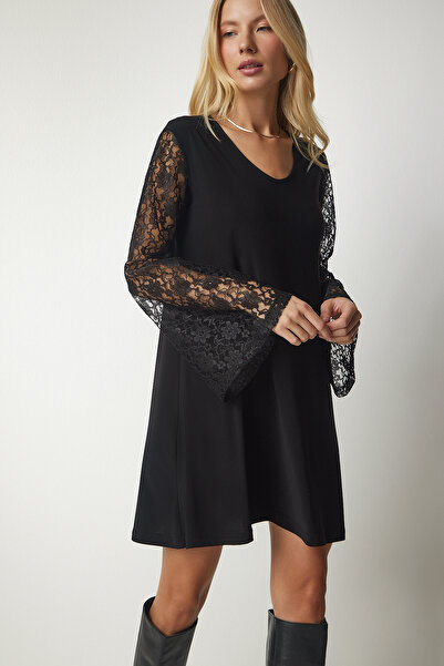 Happiness İstanbul Γυναικείο Μαύρο Δαντελένιο Ισπανικό Sandy Φόρεμα TO00097