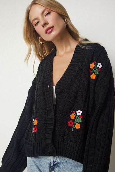 Happiness İstanbul Women's Black Embroidered Knitted Motif Knitwear Cardigan PA00009