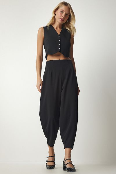 Happiness İstanbul Women's Black Darted Woven Shalwar Trousers TO00099